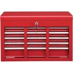 Red portable tool chest with multiple drawers and a secure locking mechanism