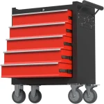Portable tool chest with five red drawers and rolling wheels for easy mobility