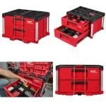 Red portable tool chest with multiple drawers filled with tools and hardware items.