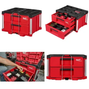 Red portable tool chest with multiple drawers filled with tools and hardware items.